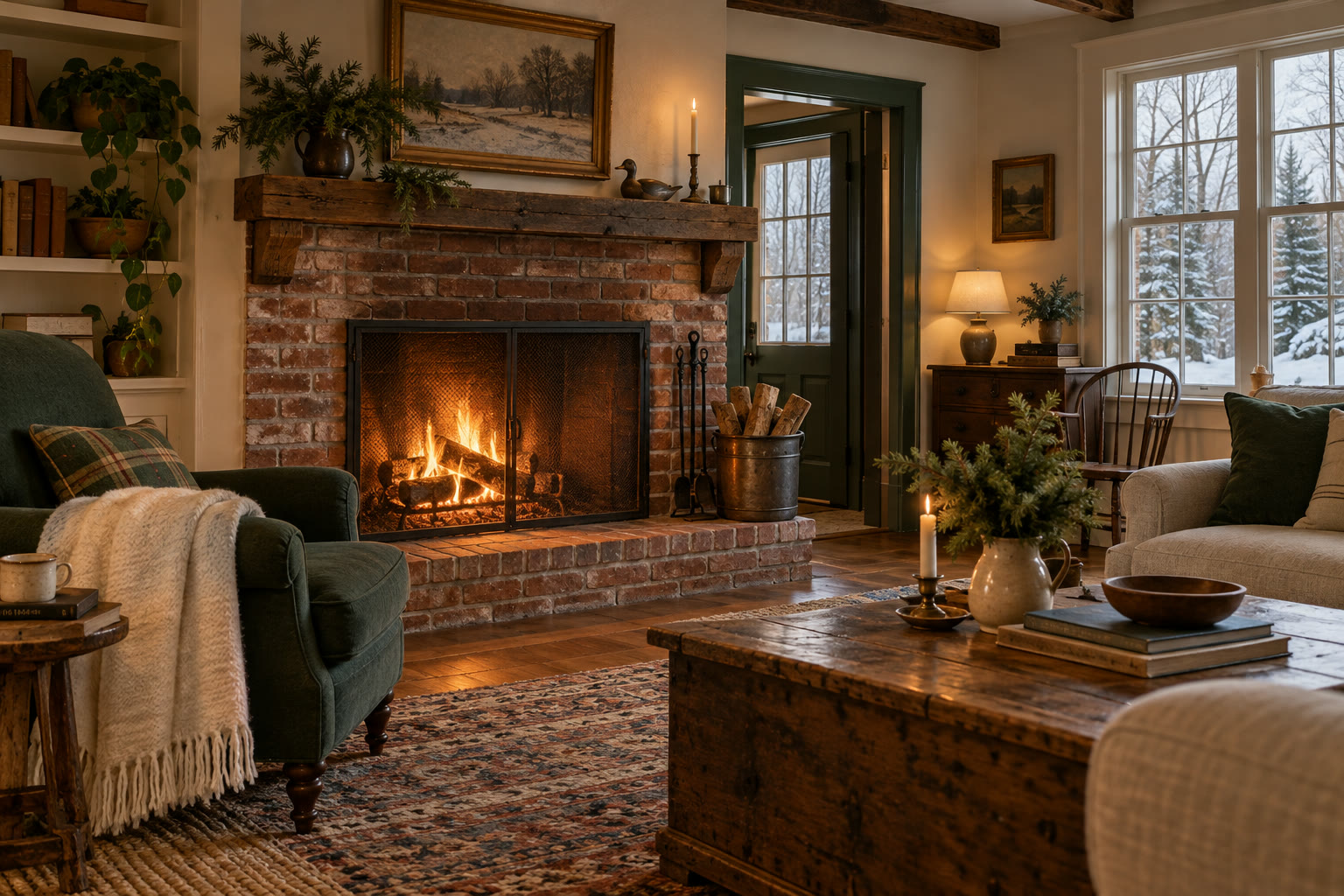A traditional brick fireplace and comfortable living room on a winter day