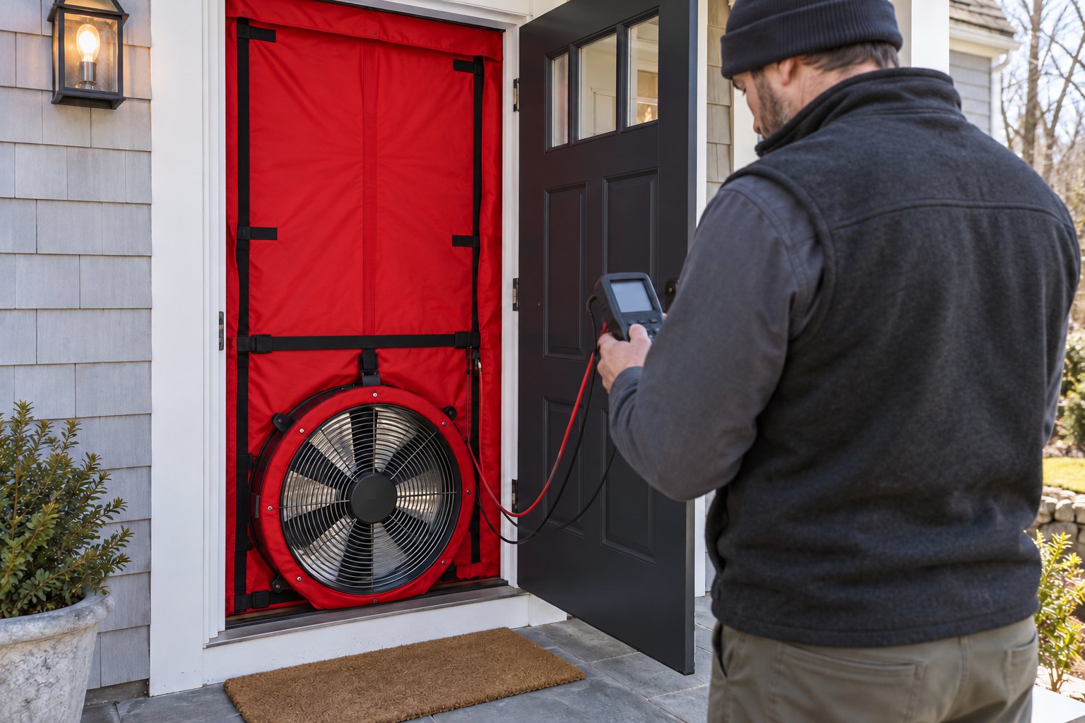 Blower-door test equipment installed in a residential doorway.