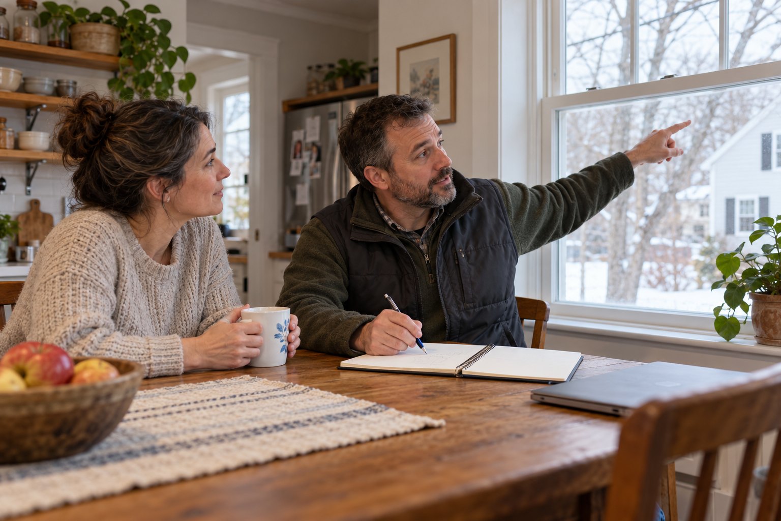 A homeowner and energy assessor discussing a home at a kitchen table.