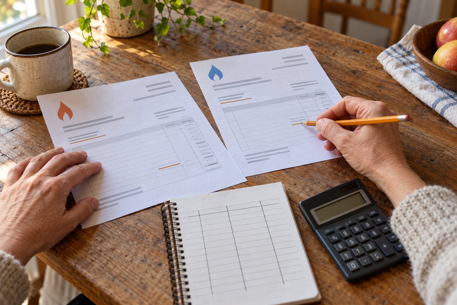 Two generic heating invoices beside a notebook and calculator.