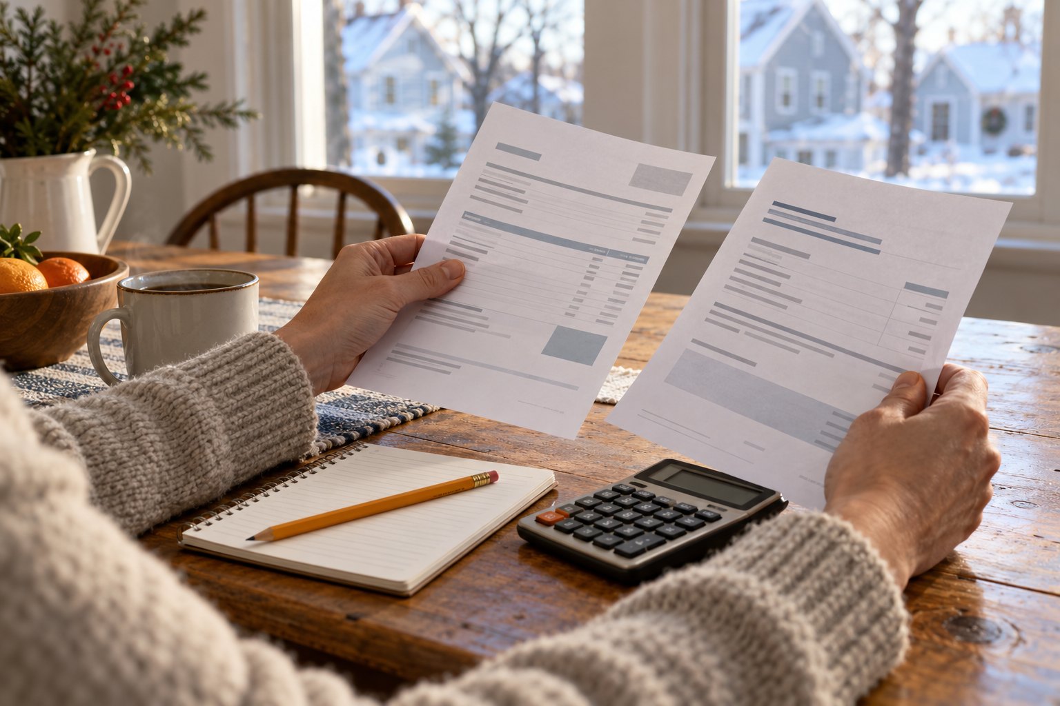 Household heating bills being compared at a kitchen table.