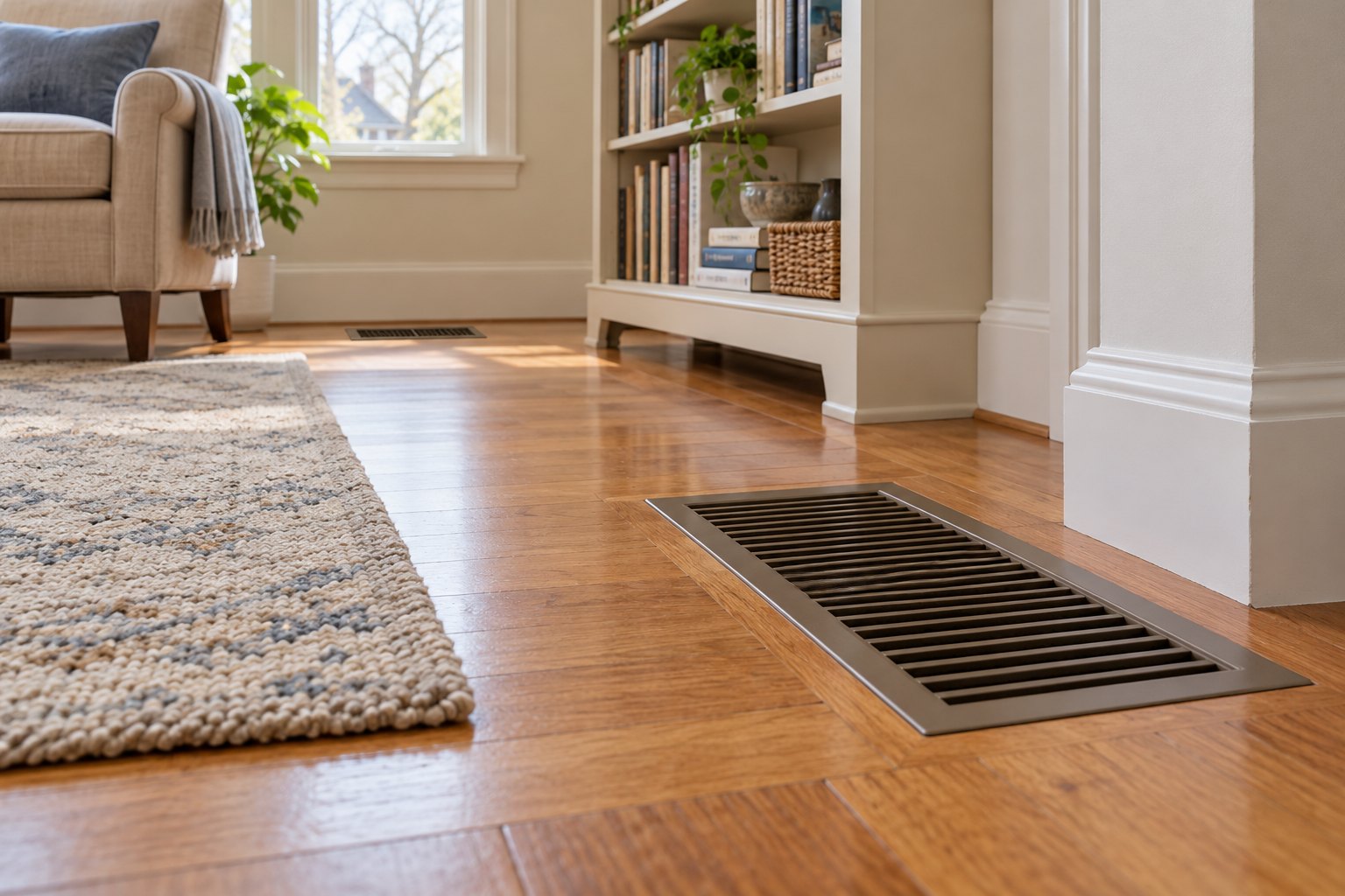Unobstructed floor-level heating grilles with furniture set back.