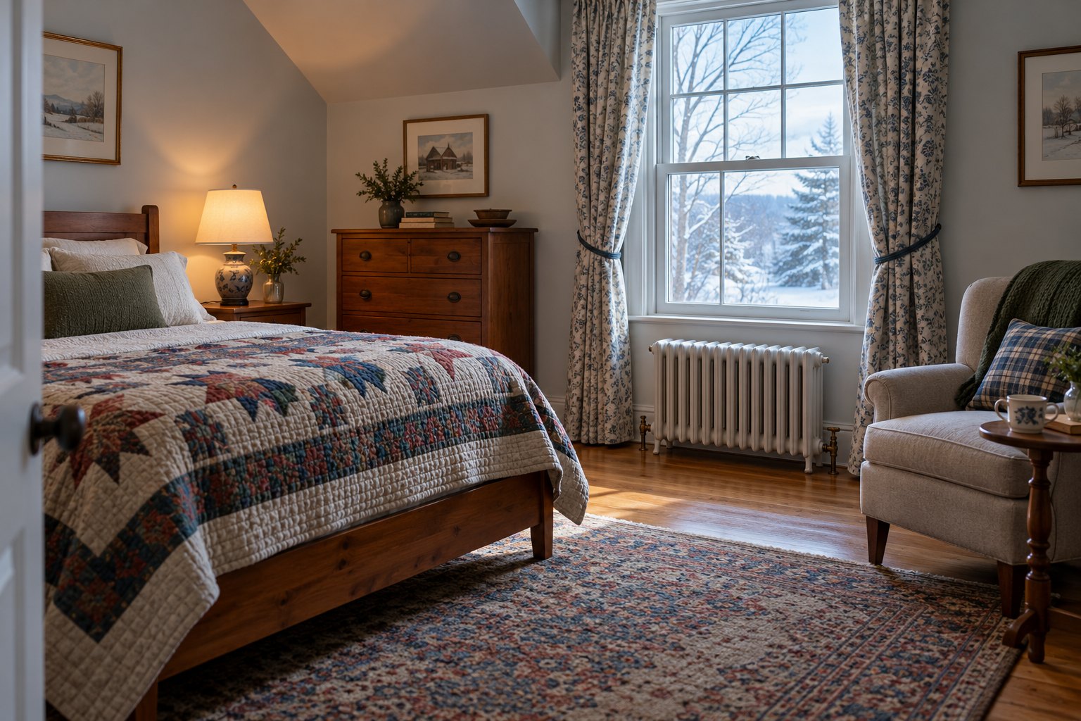 A New England bedroom with an unobstructed radiator below a window.