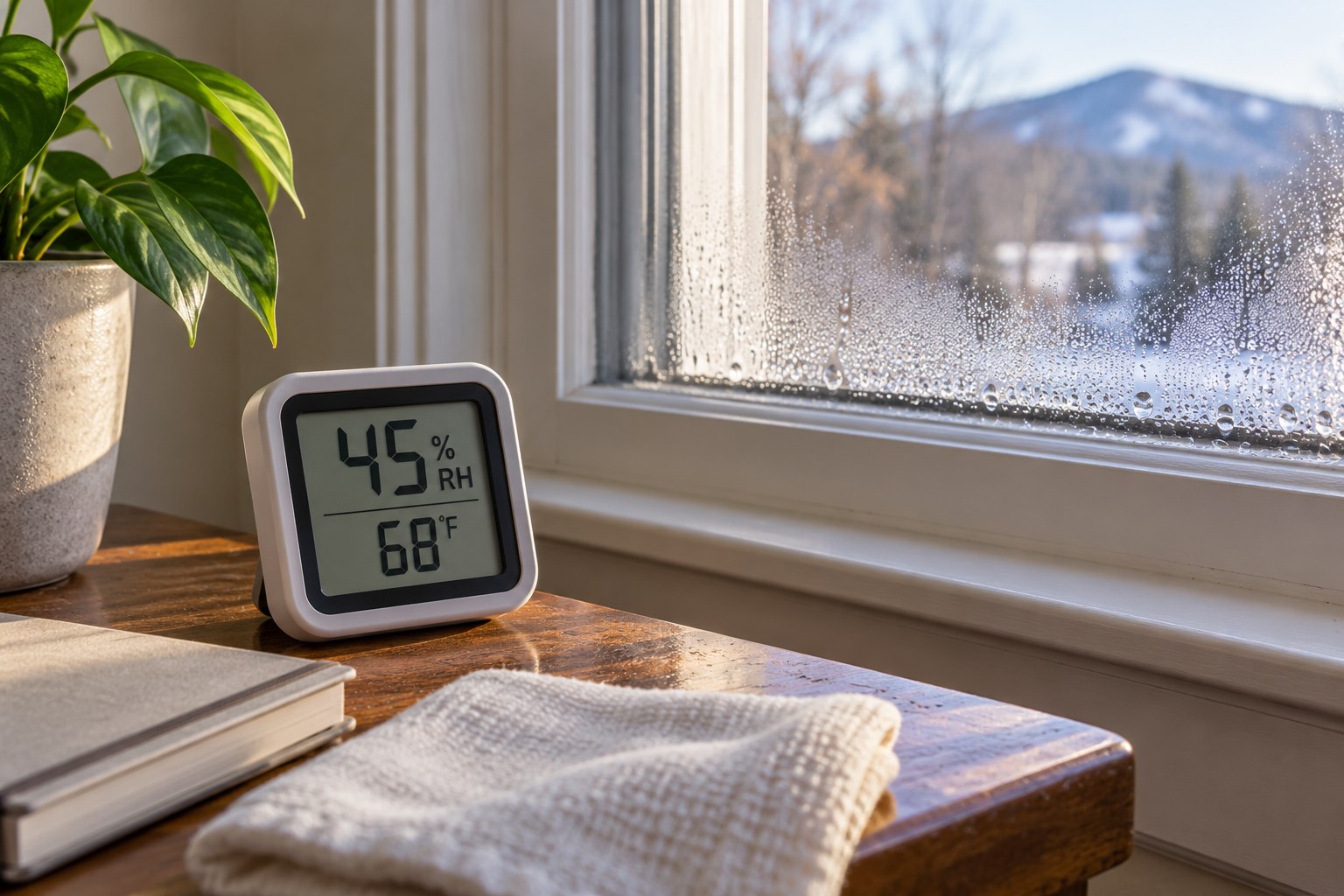 Editorial illustration of a room humidity meter beside a window with moisture on the lower glass.