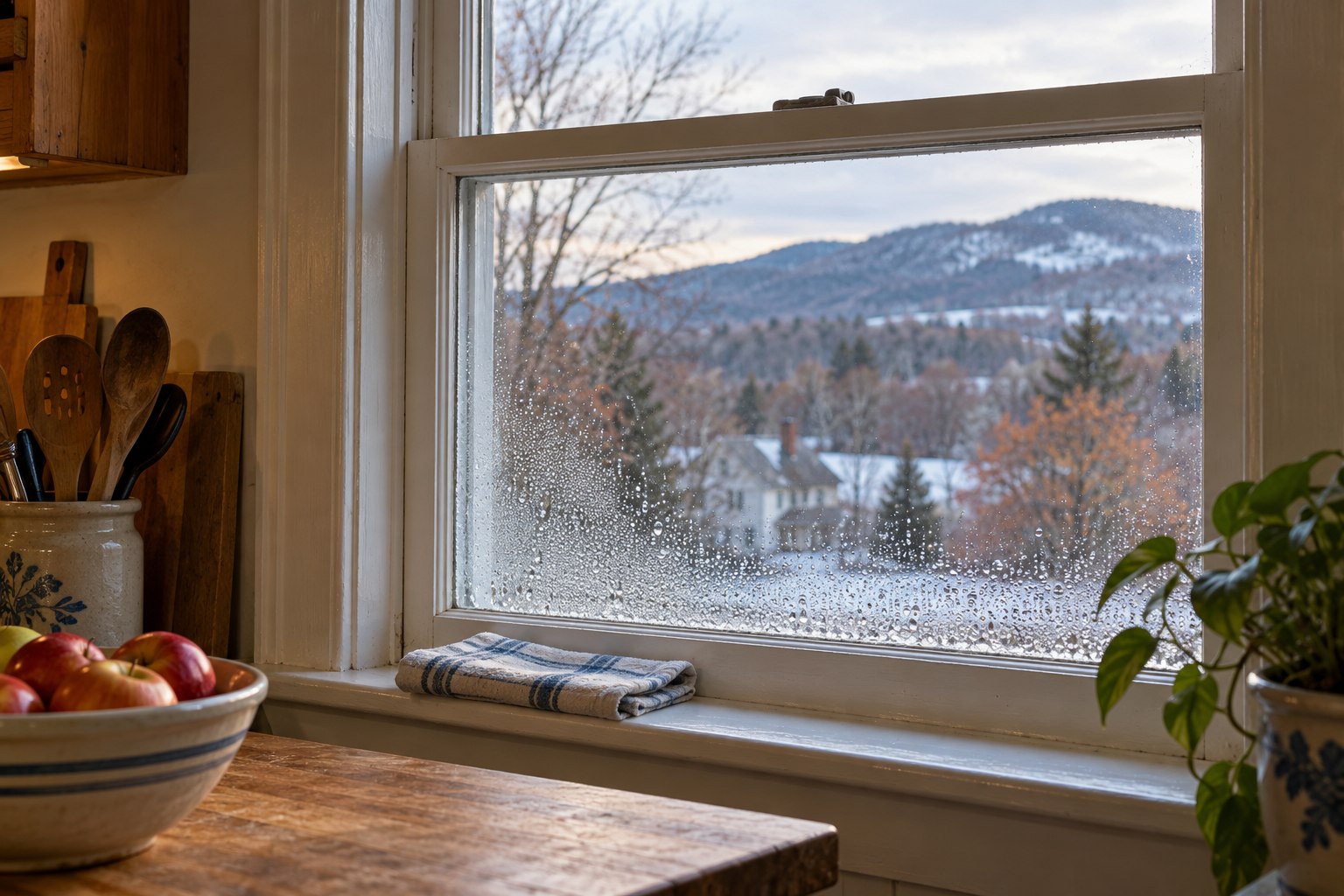 Editorial illustration of room-facing condensation on a closed kitchen window on a cold Vermont morning.