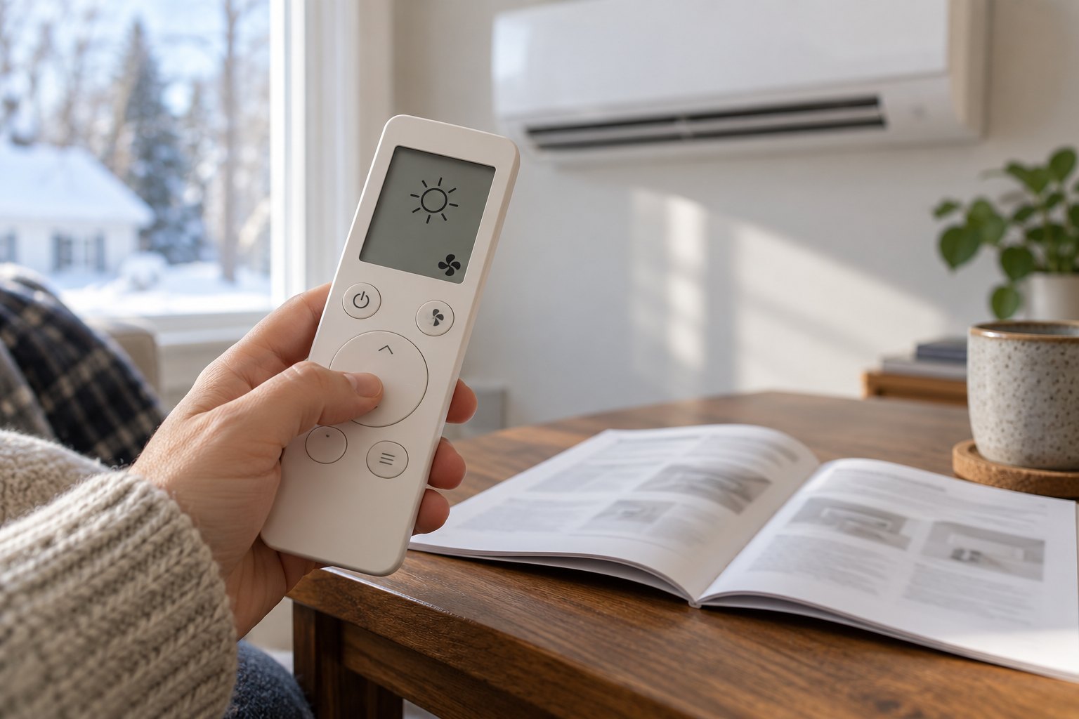 A heat-pump remote and user manual on a side table.