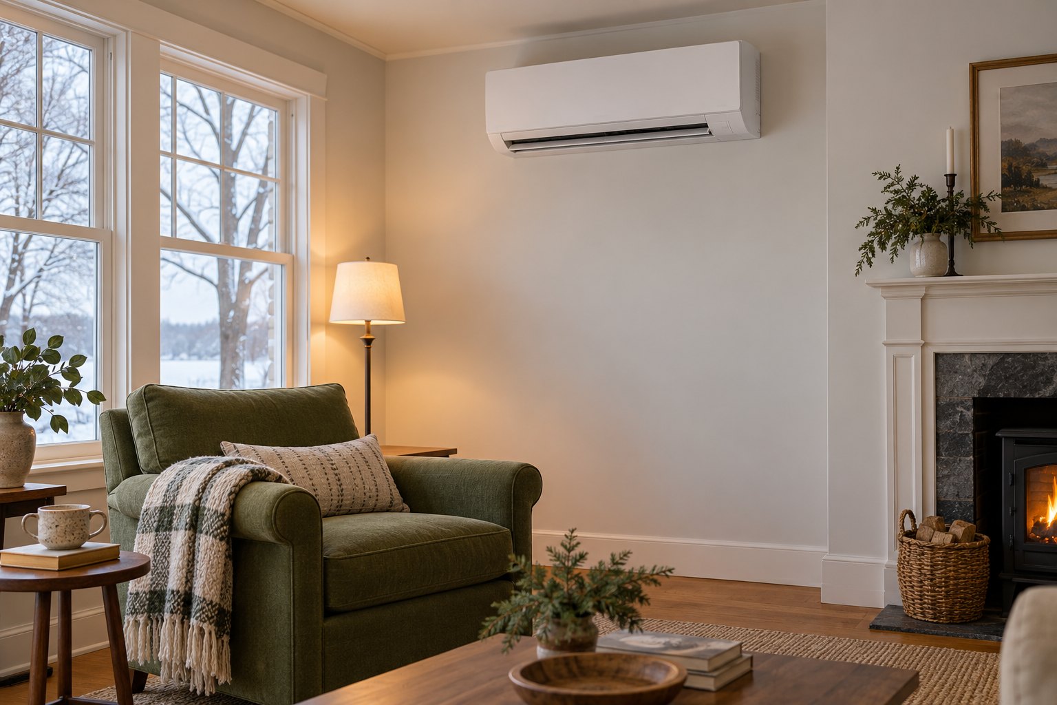 A wall-mounted ductless heat pump serving an open New England living room.