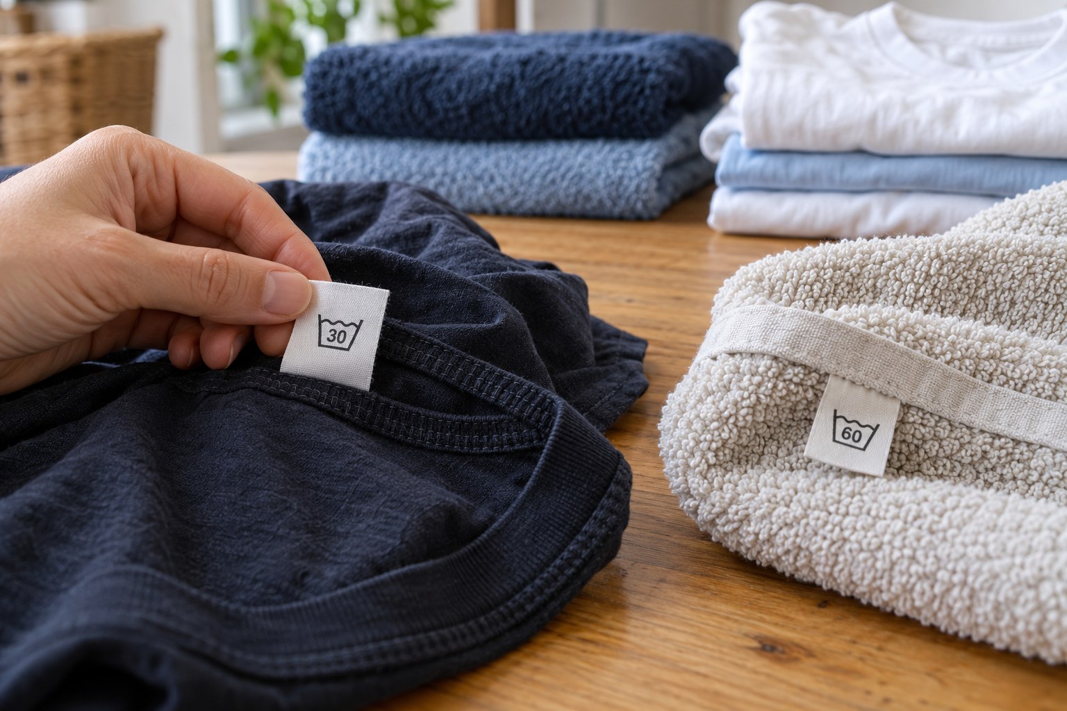 Original editorial illustration of garment care tags being checked while sorting shirts and towels.