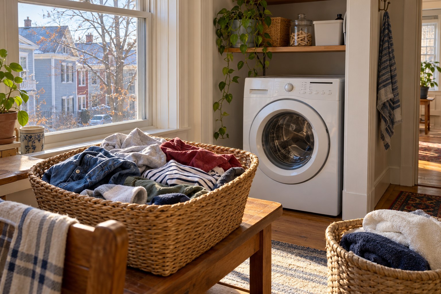 Original editorial illustration of sorted everyday laundry beside a closed washing machine in a Rhode Island apartment.