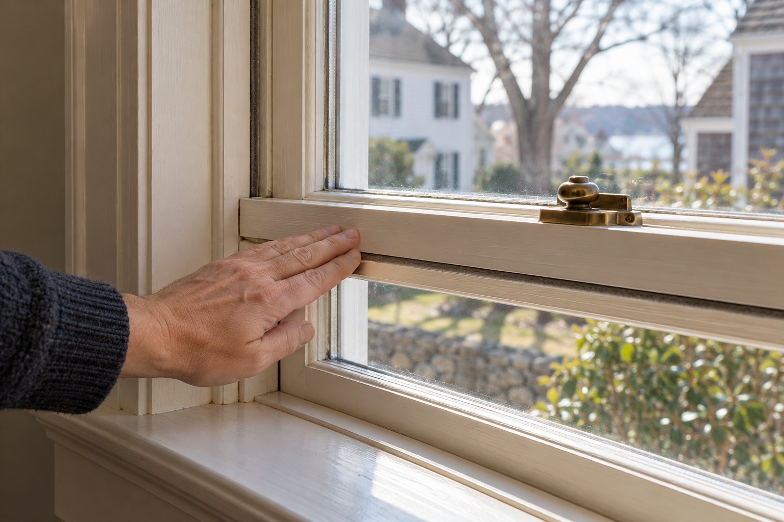 A hand observing the closed sash joint of a double-hung window.