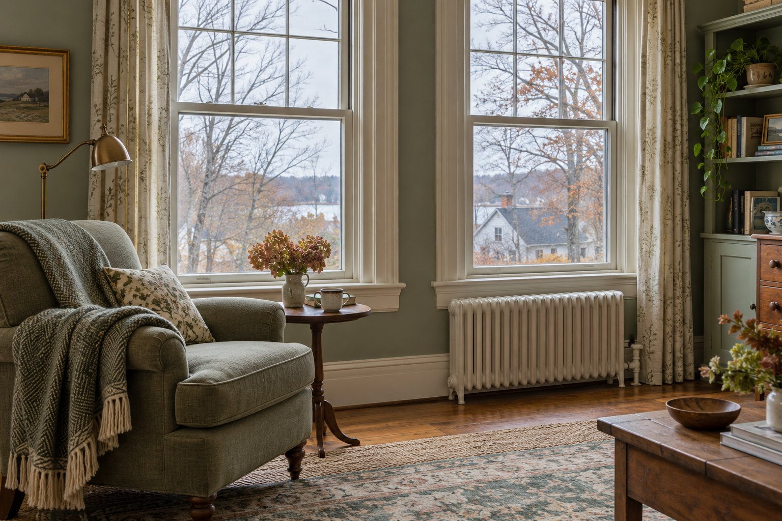 A winter reading corner beside a double-hung window in a New England home.